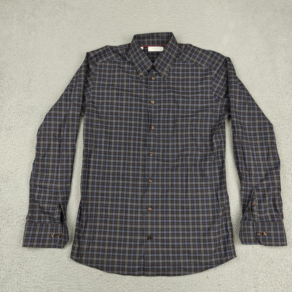 Eton Dress Shirt Mens 16 34/35 Brown Plaid Slim Fit Button Down‎ Cotton York
